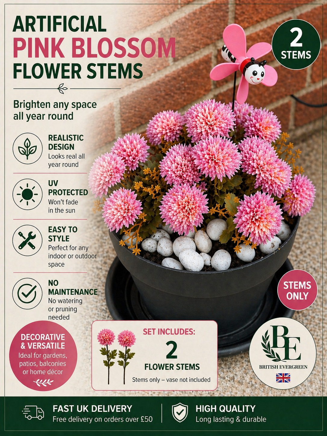 Artificial Pink Blossom Stems – Pack of 2 (Indoor & Outdoor)