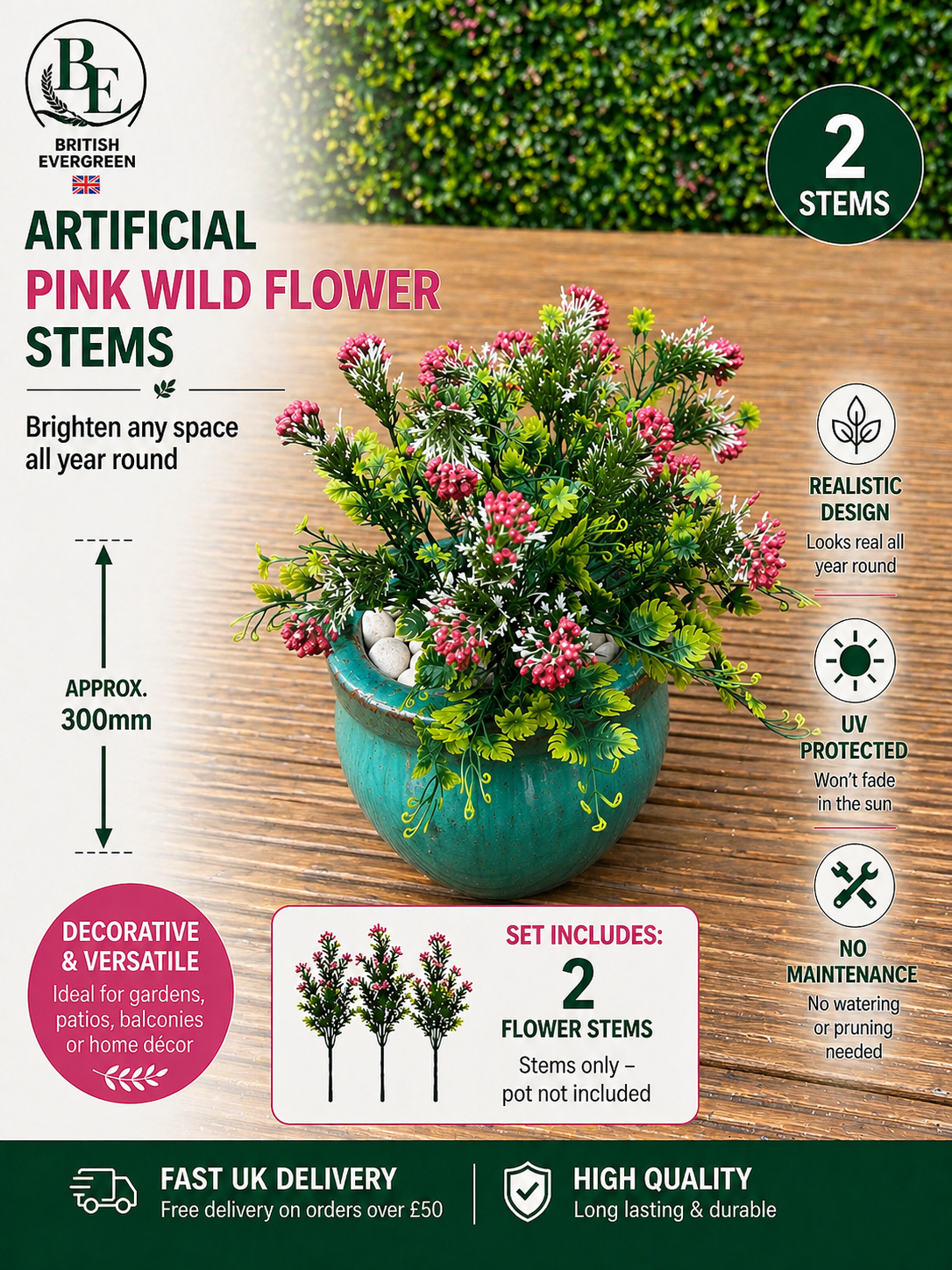 Artificial Pink Wild Flower Stems – Pack of 2 (Approx. 300mm) – Indoor & Outdoor Decorative Plants