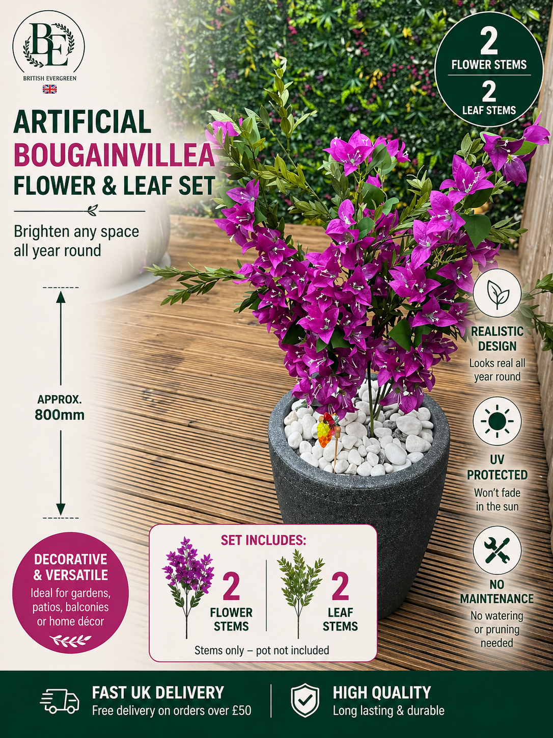 Artificial Bougainvillea Flower & Leaf Stems (800mm) – Indoor/Outdoor