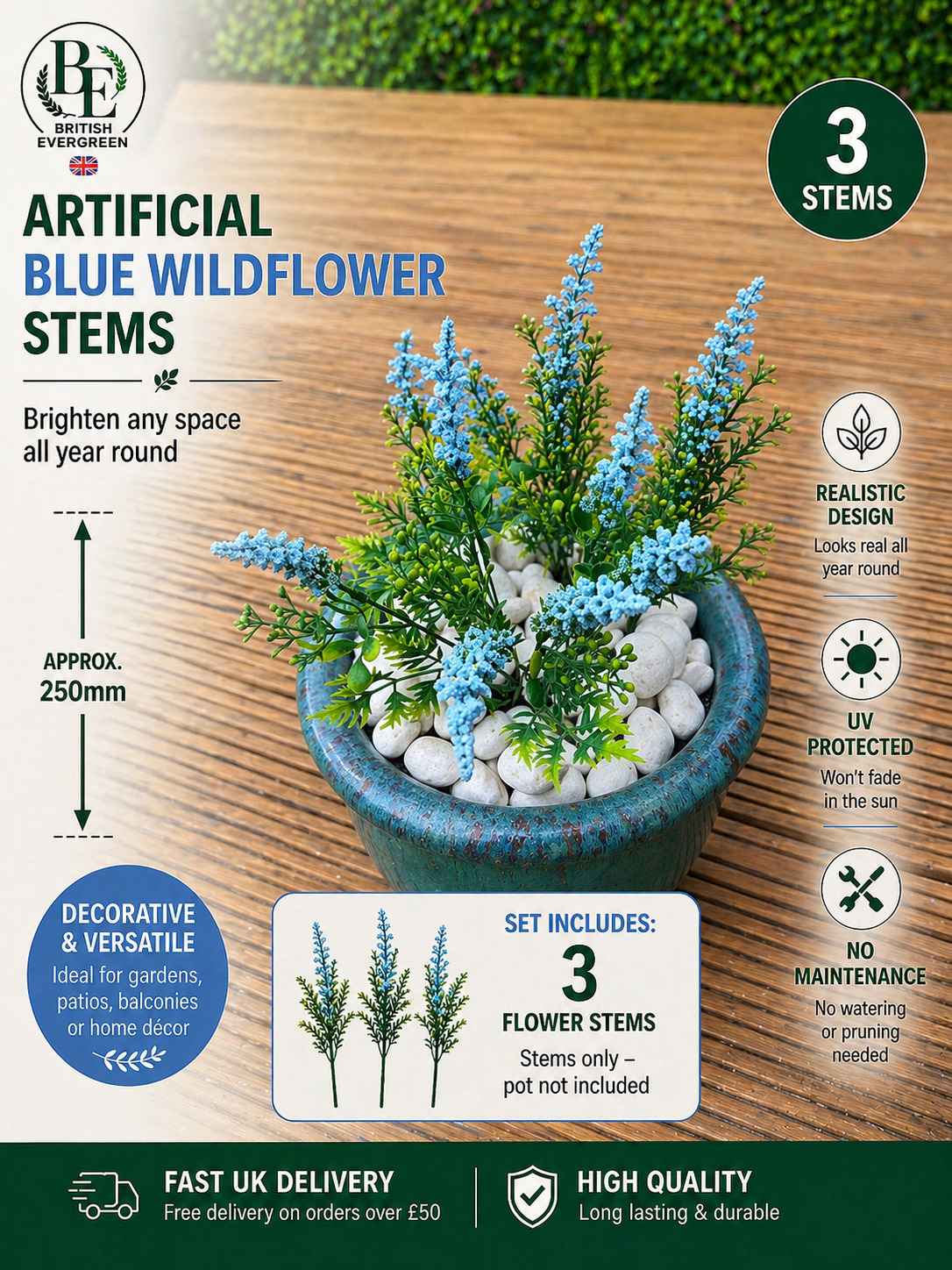 Artificial Blue Wildflower Stems – Pack of 2 (Approx. 250mm) – Indoor & Outdoor Decorative Plants