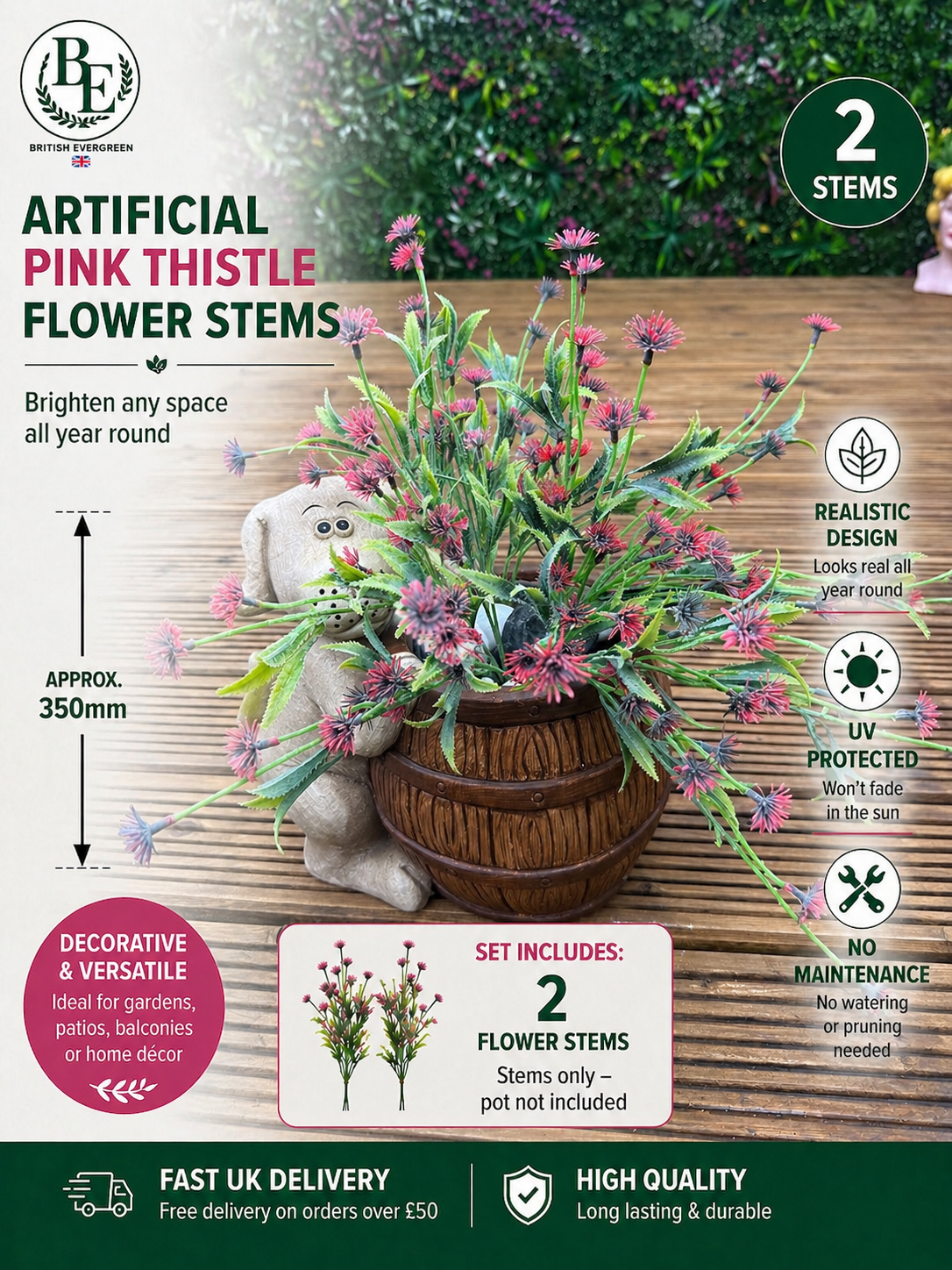 Artificial Pink Thistle Flower Stems – Pack of 2 (Approx. 350mm) – Indoor & Outdoor Decorative Plants