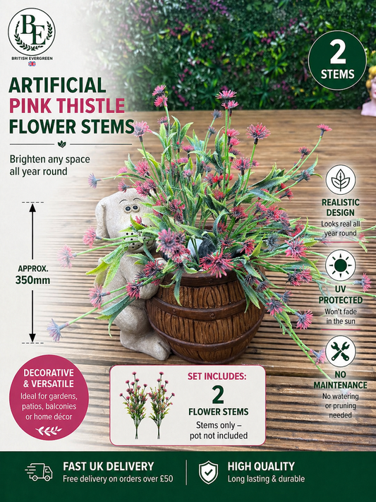 Artificial Pink Thistle Flower Stems – Pack of 2 (Approx. 350mm) – Indoor & Outdoor Decorative Plants