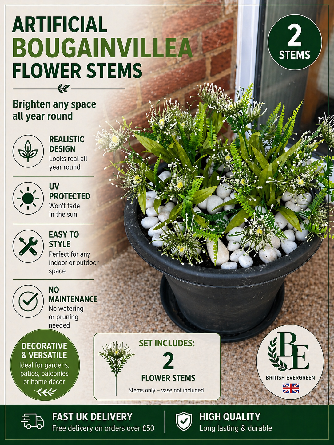 Artificial Green Flower Stems – Set of 2