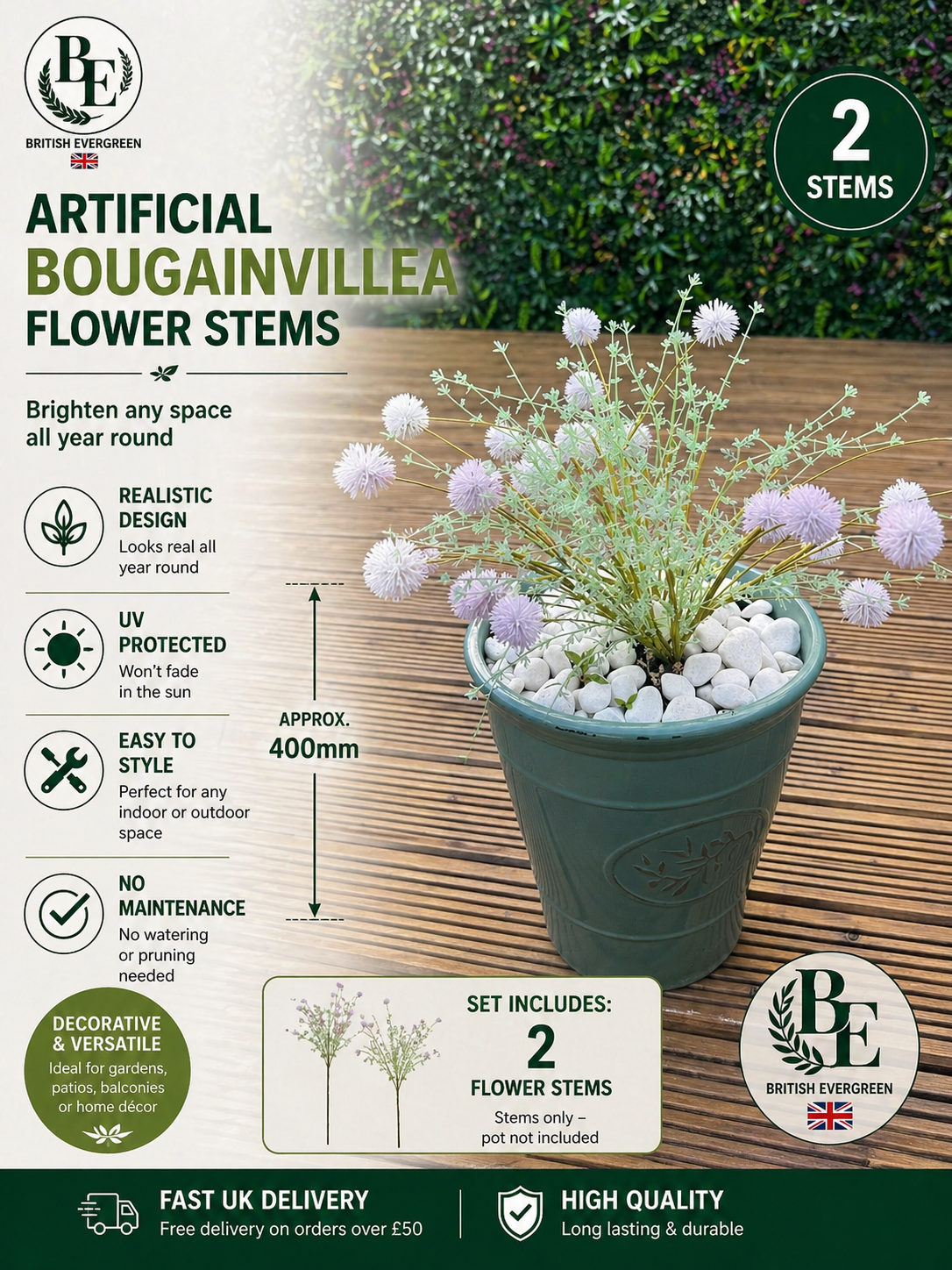Artificial Washed Pink & White Pom Pom Stems (2 Pack) – 400mm UV Protected Outdoor Flowers