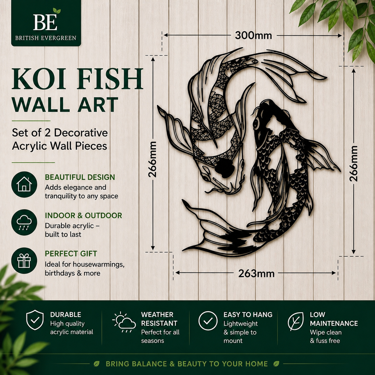 Koi Fish Wall Art Set (2 Pieces) – Outdoor Garden & Indoor Decorative Wall Hanging – Modern Acrylic Design