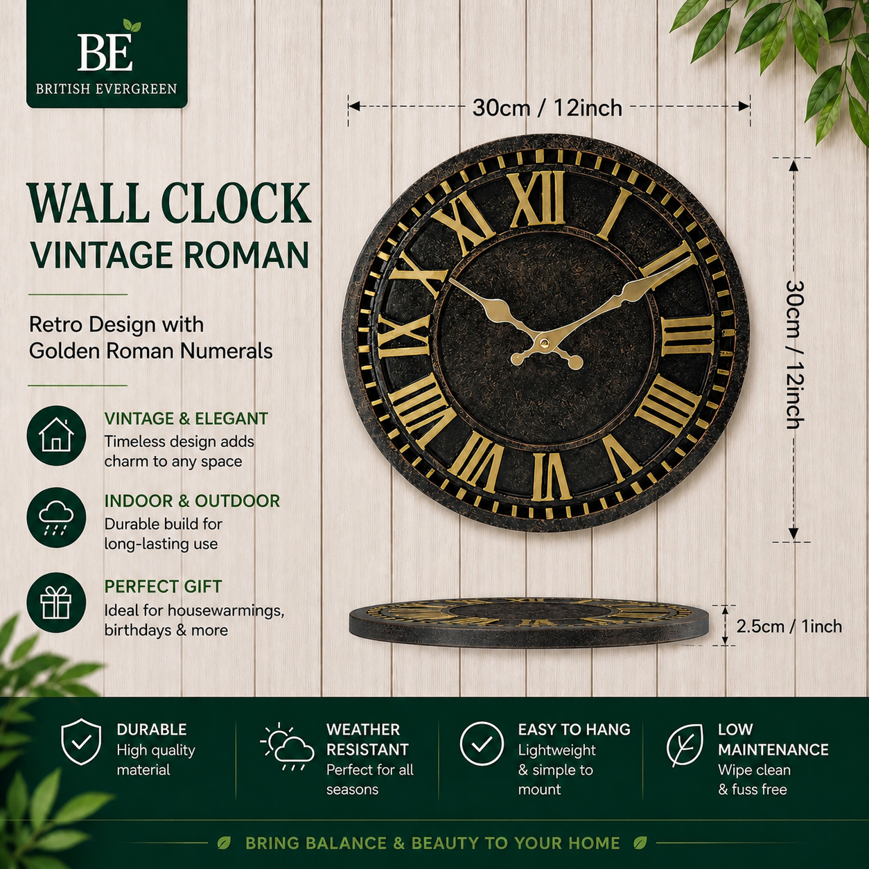 Vintage Roman Wall Clock – 30cm Outdoor Garden Clock | Silent Non-Ticking