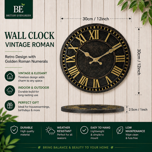 Vintage Roman Wall Clock – 30cm Outdoor Garden Clock | Silent Non-Ticking