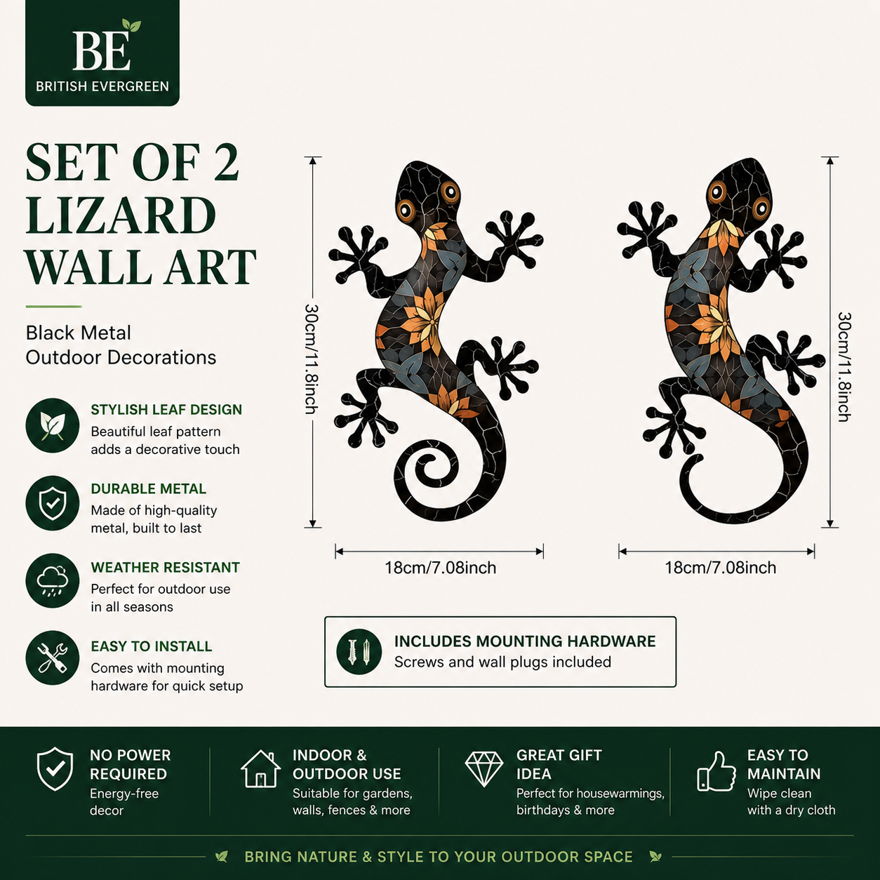 Set of 2 Metal Lizard Wall Art – Outdoor Garden Decor | Weather Resistant